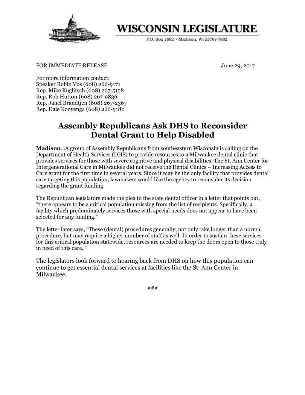 Assembly Republicans Ask DHS to Reconsider Dental Grant to Help Disabled