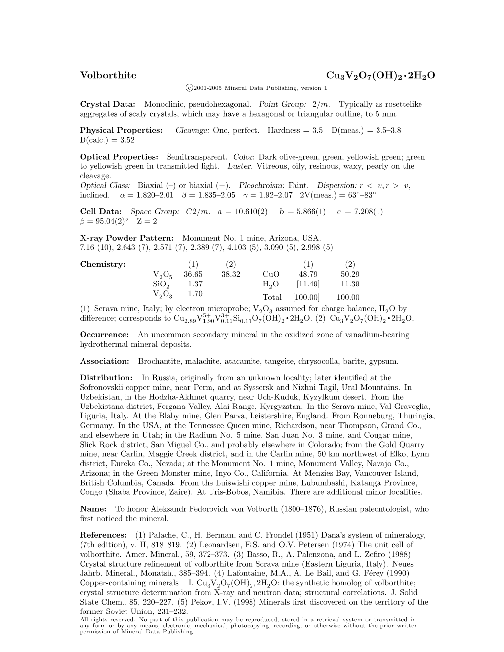 Volborthite Cu3v2o7(OH)2 • 2H2O C 2001-2005 Mineral Data Publishing, Version 1