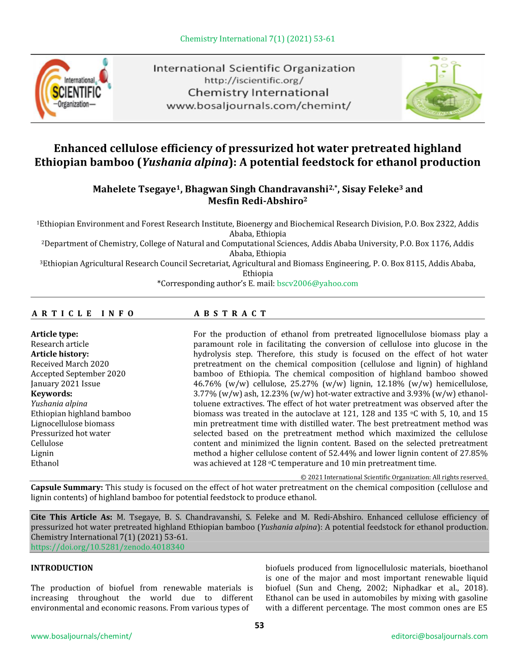 (Yushania Alpina): a Potential Feedstock for Ethanol Production