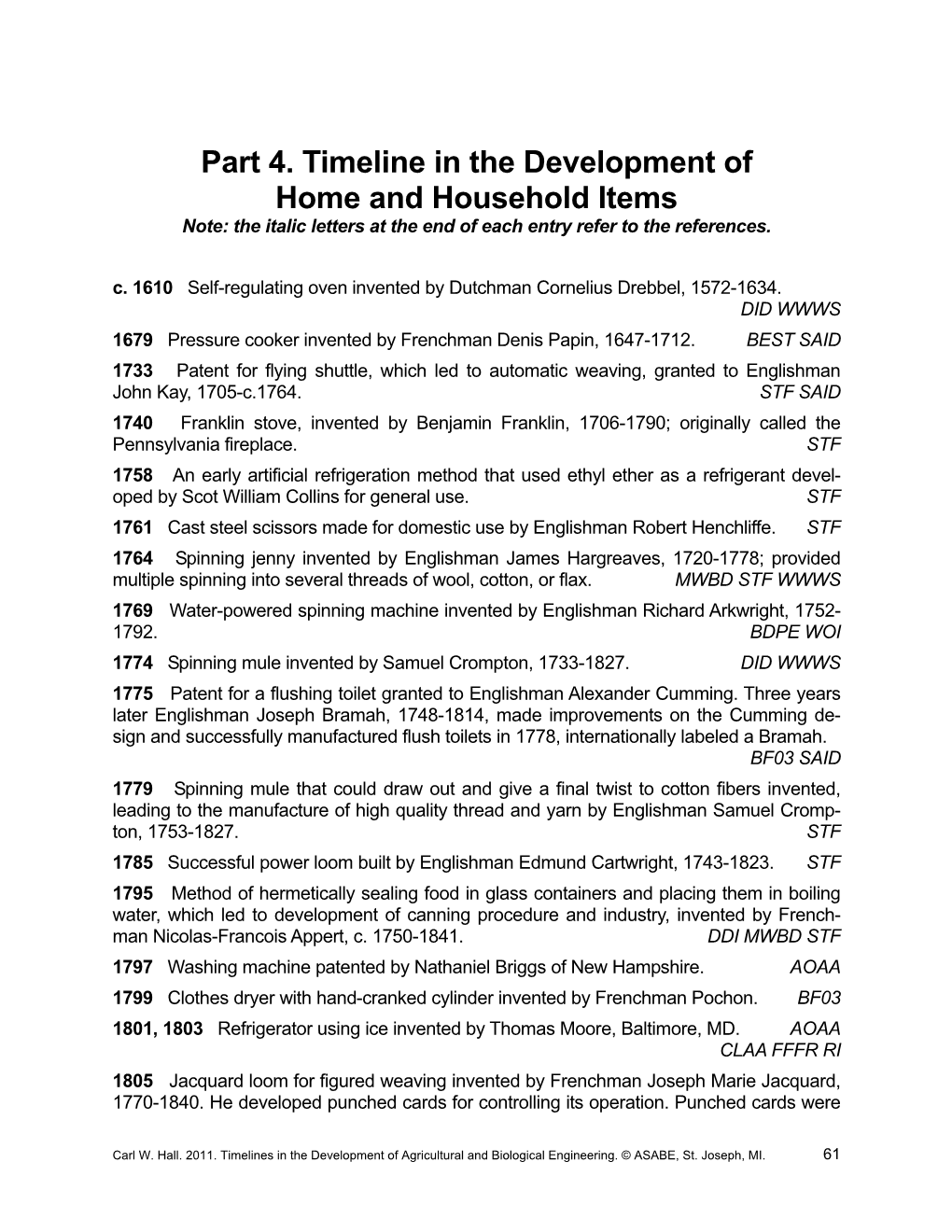 Part 4. Timeline in the Development of Home and Household Items Note: the Italic Letters at the End of Each Entry Refer to the References