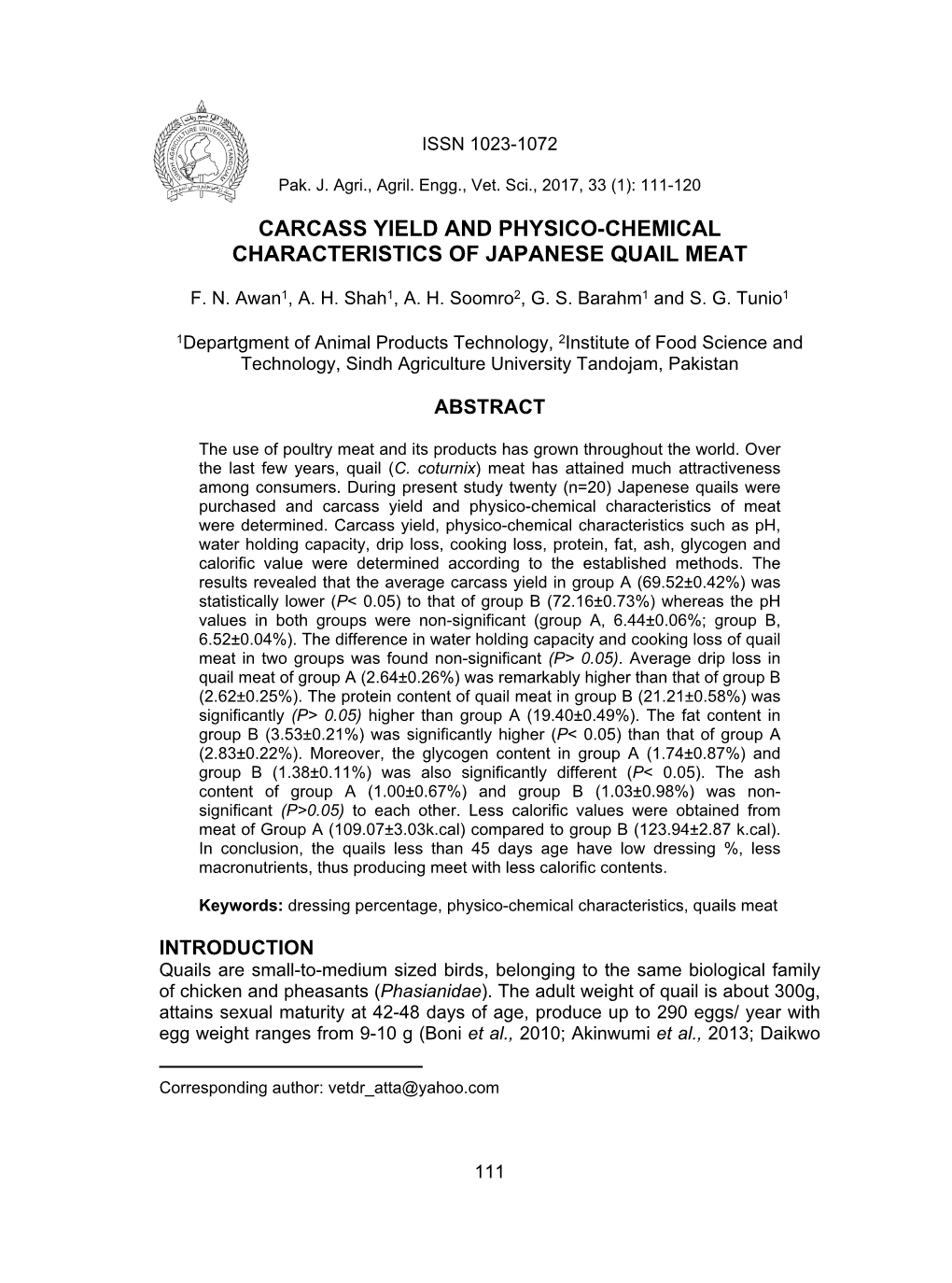 Carcass Yield and Physico-Chemical Characteristics of Japanese Quail Meat