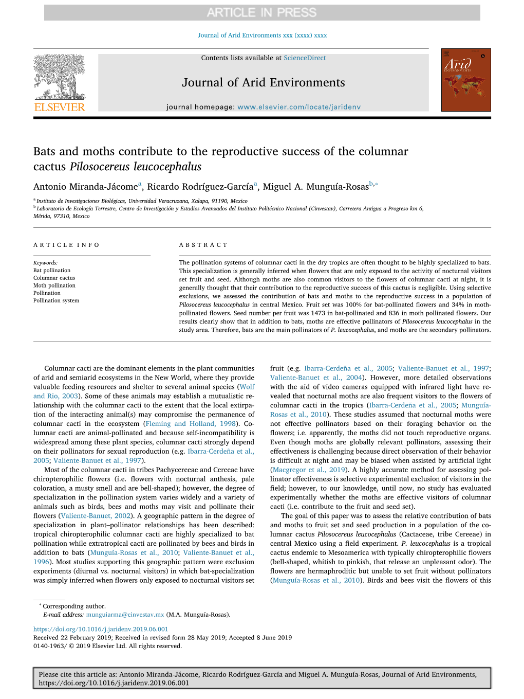 Bats and Moths Contribute to the Reproductive Success of the Columnar Cactus Pilosocereus Leucocephalus