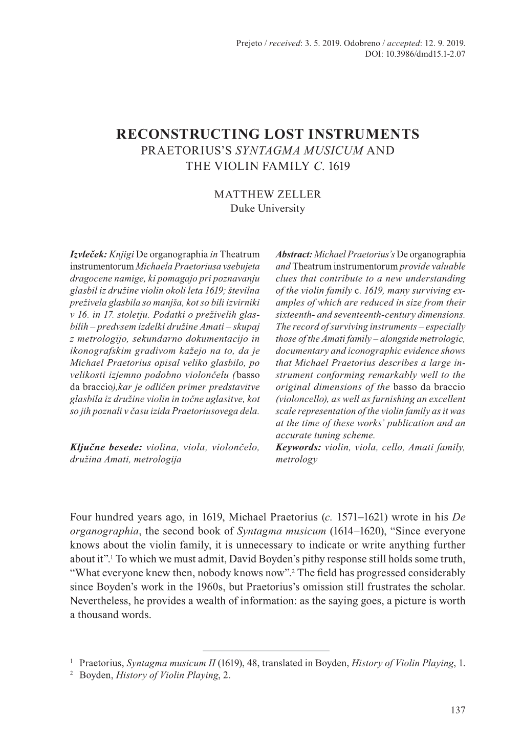 Reconstructing Lost Instruments Praetorius’S Syntagma Musicum and the Violin Family C