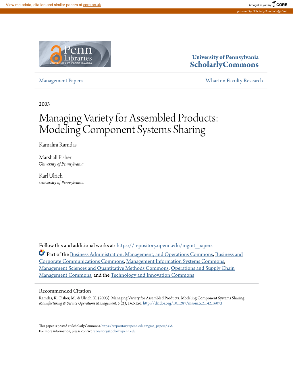 Managing Variety for Assembled Products: Modeling Component Systems Sharing Kamalini Ramdas