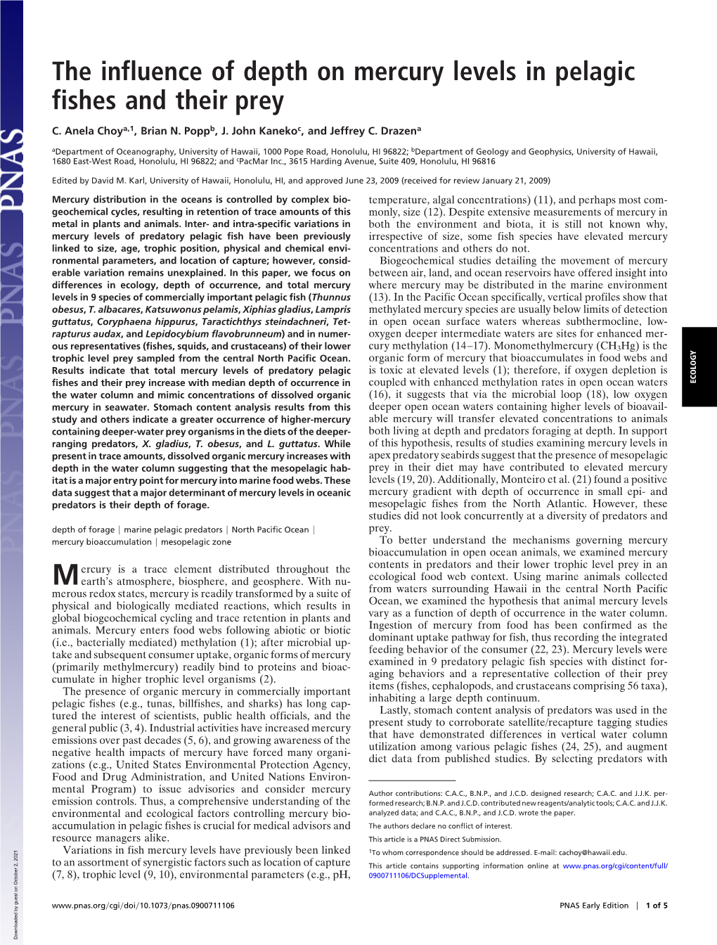 The Influence of Depth on Mercury Levels in Pelagic Fishes and Their Prey