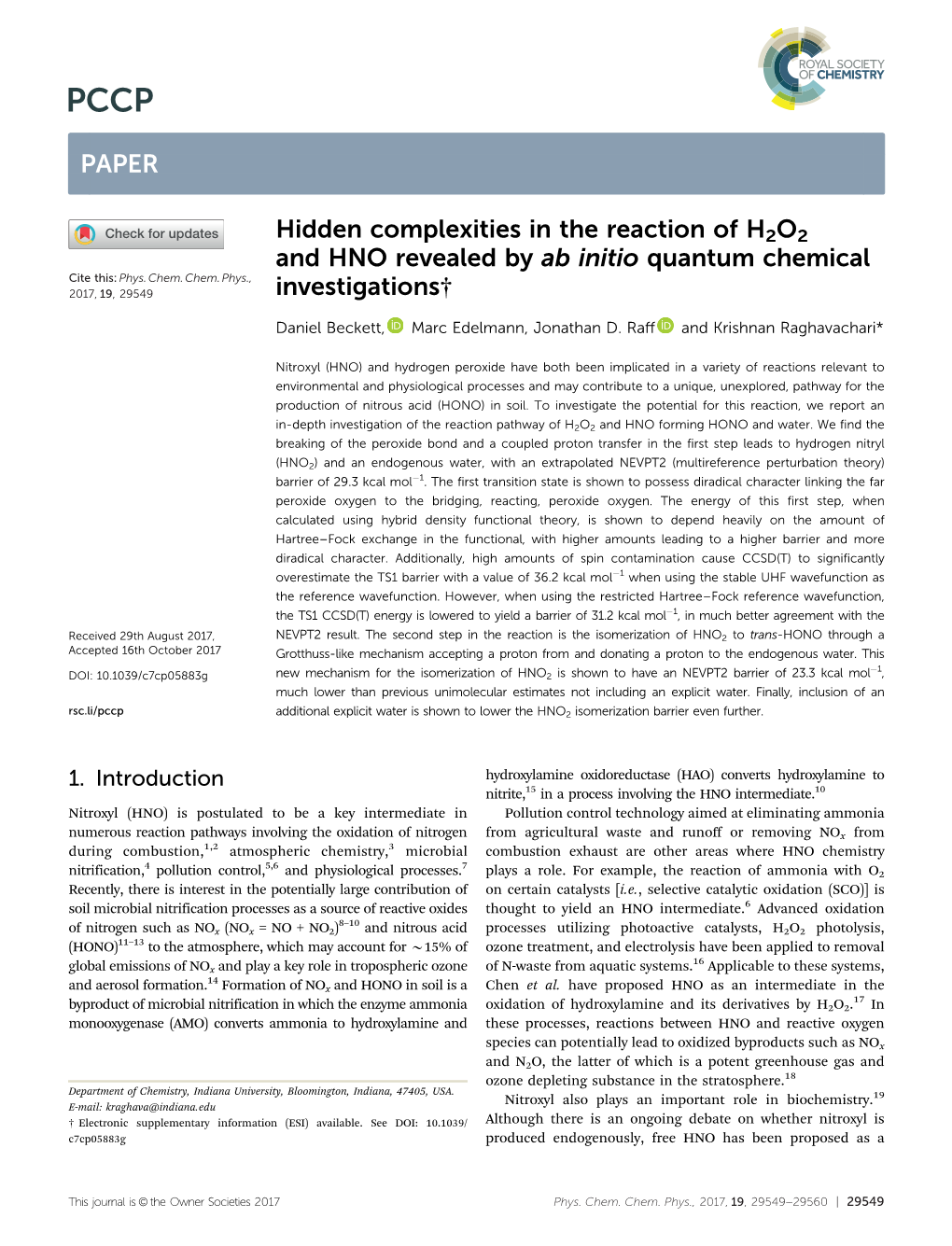 Hidden Complexities in the Reaction of H2O2 and HNO Revealed by Ab Initio Quantum Chemical Cite This: Phys