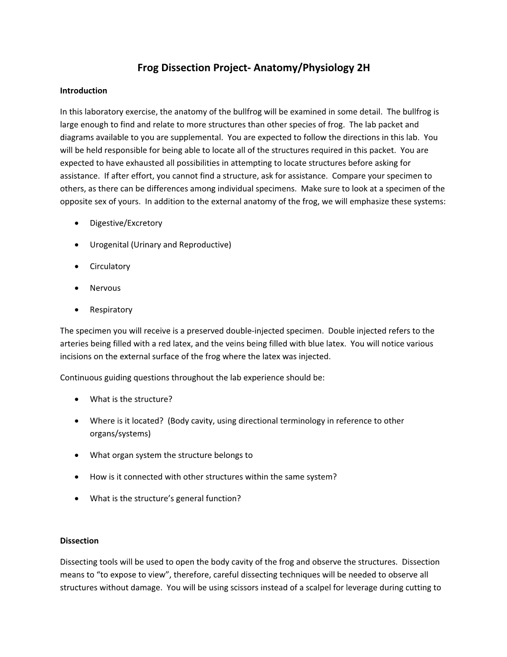 Frog Dissection Project- Anatomy/Physiology 2H