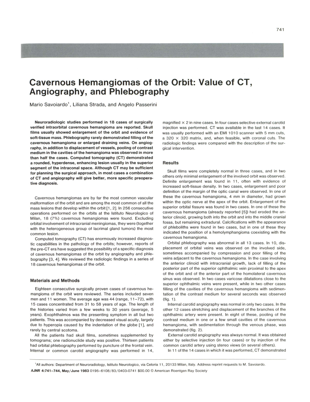 Cavernous Hemangiomas of the Orbit: Value of CT, Angiography, and Phlebography