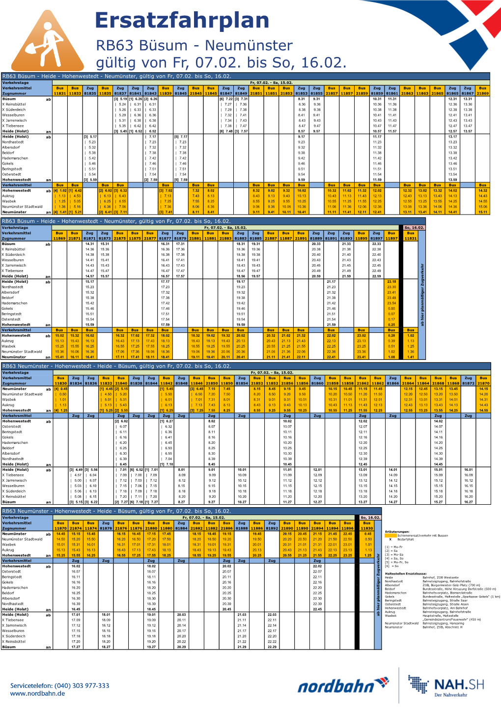 Ersatzfahrplan RB63 Büsum - Neumünster Gültig Von Fr, 07.02