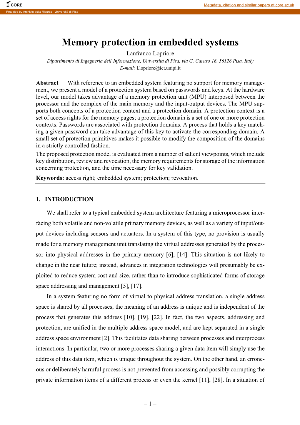 Memory Protection in Embedded Systems Lanfranco Lopriore Dipartimento Di Ingegneria Dell’Informazione, Università Di Pisa, Via G