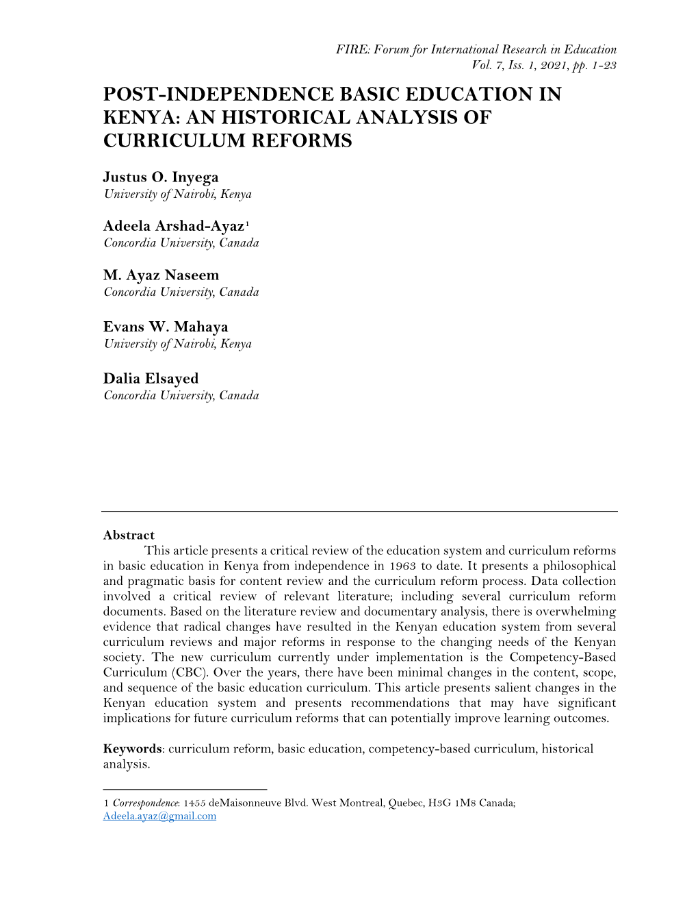 Post-Independence Basic Education in Kenya: an Historical Analysis of Curriculum Reforms