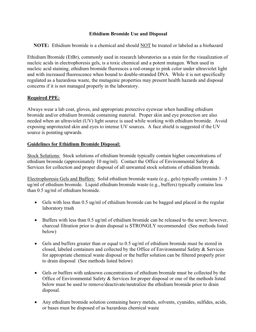 Ethidium Bromide Use and Disposal