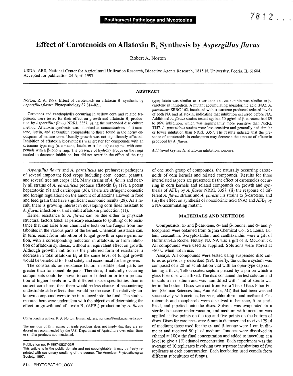 Effect of Carotenoids on Aflatoxin B1 Synthesis by Aspergillus Flavus