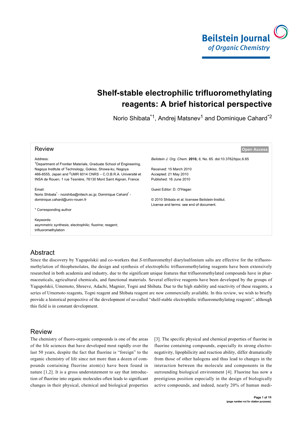 Shelf-Stable Electrophilic Trifluoromethylating Reagents: a Brief Historical Perspective