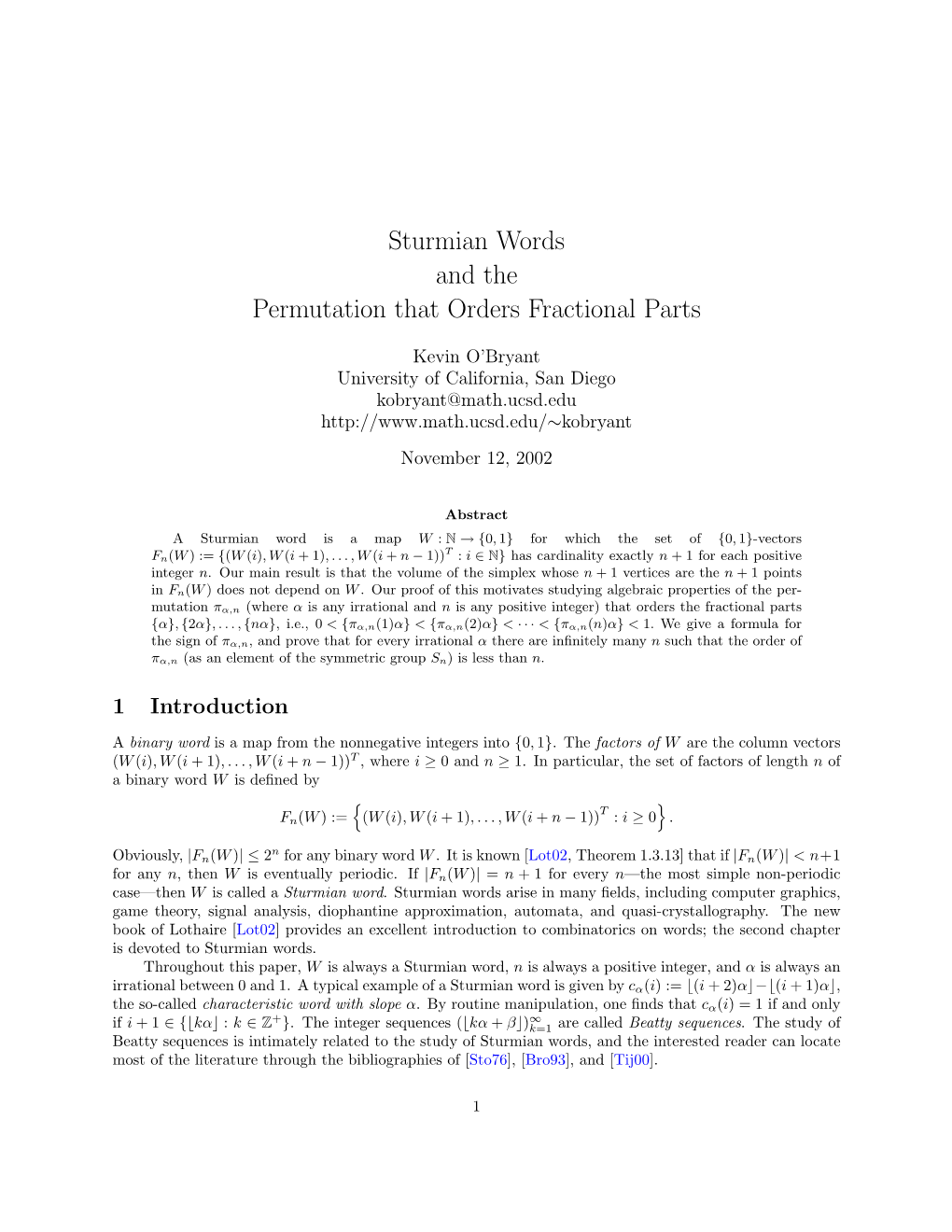 Sturmian Words and the Permutation That Orders Fractional Parts