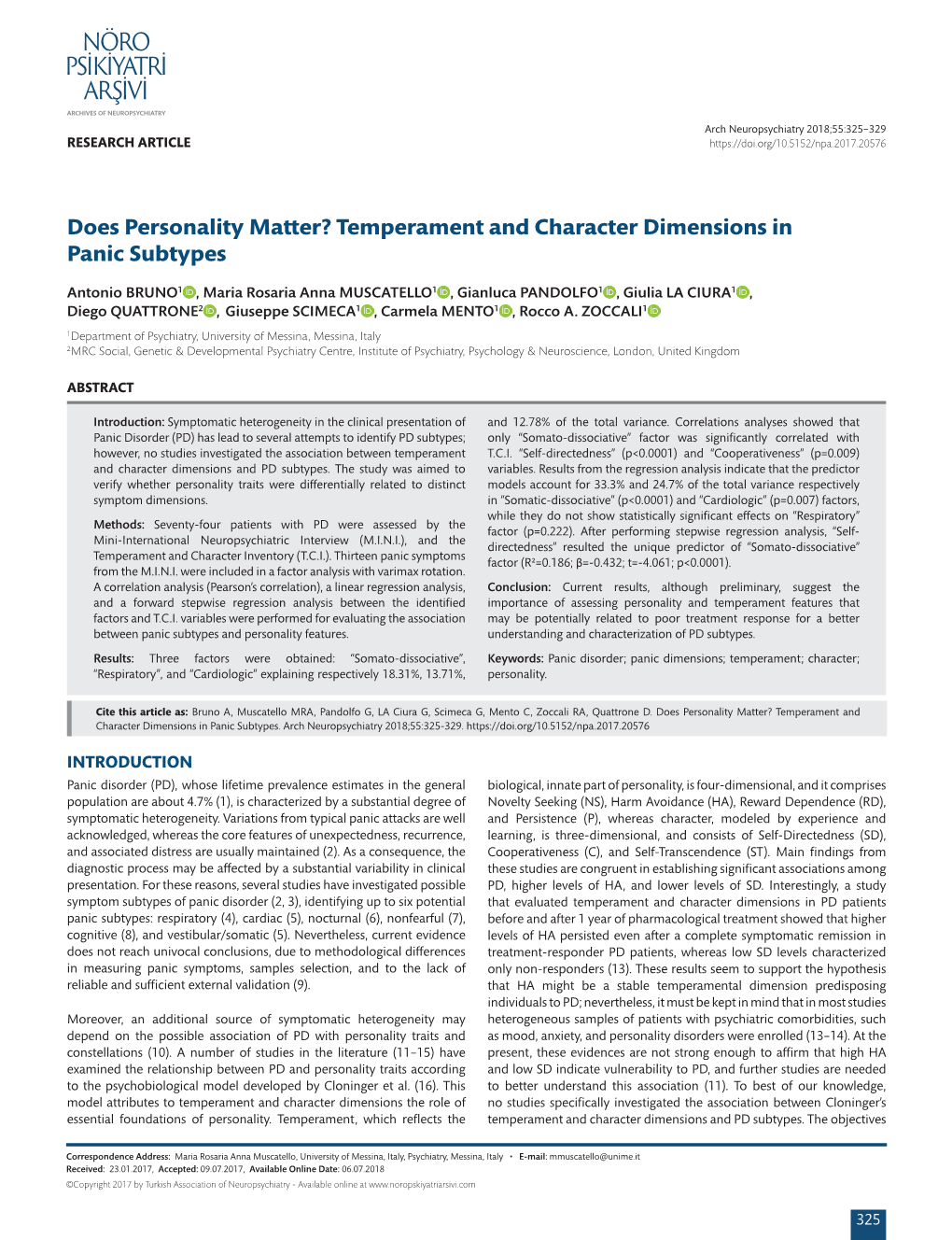 Does Personality Matter? Temperament and Character Dimensions in Panic Subtypes