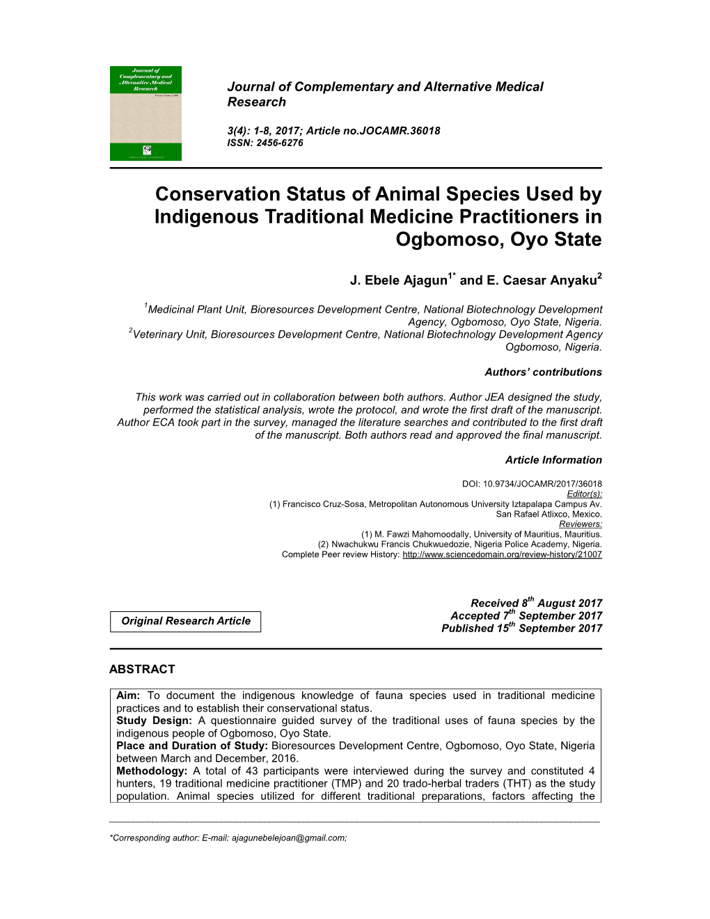 Conservation Status of Animal Species Used by Indigenous Traditional Medicine Practitioners in Ogbomoso, Oyo State