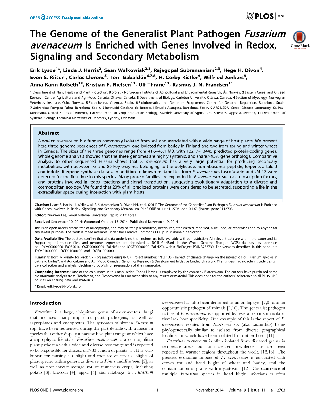 The Genome of the Generalist Plant Pathogen Fusarium Avenaceum Is Enriched with Genes Involved in Redox, Signaling and Secondary Metabolism