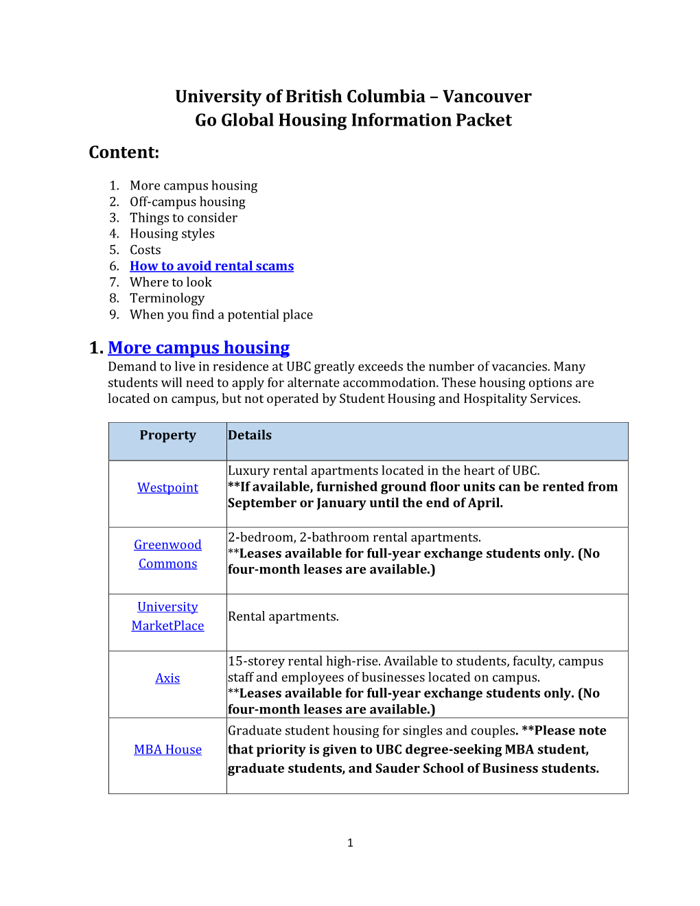 Vancouver Go Global Housing Information Packet Content