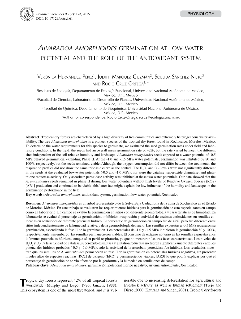 Alvaradoa Amorphoides Germination at Low Water Potential and the Role of the Antioxidant System