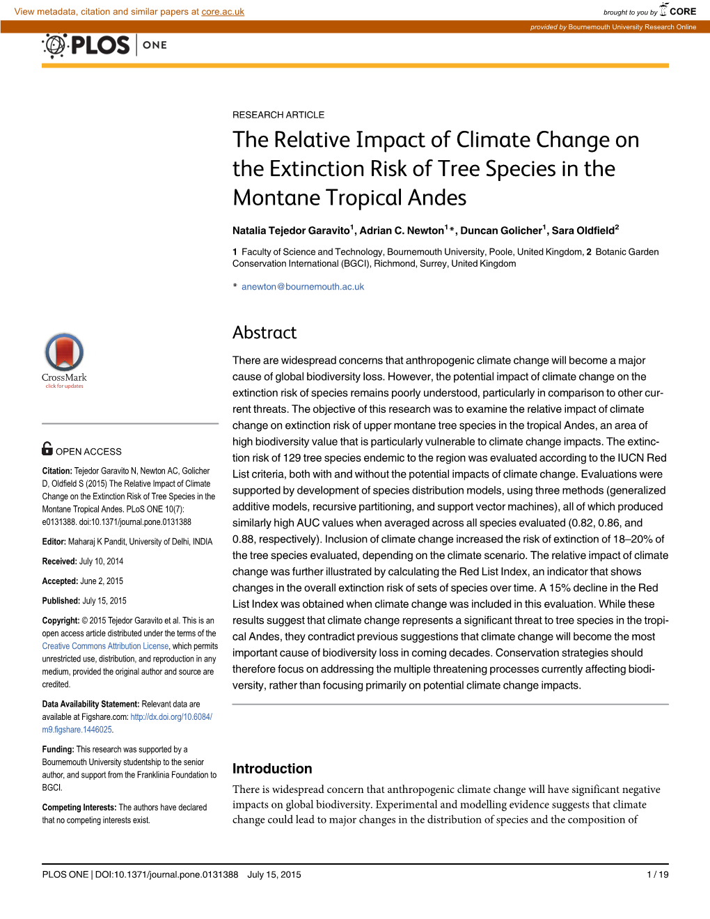 The Relative Impact of Climate Change on the Extinction Risk of Tree Species in the Montane Tropical Andes