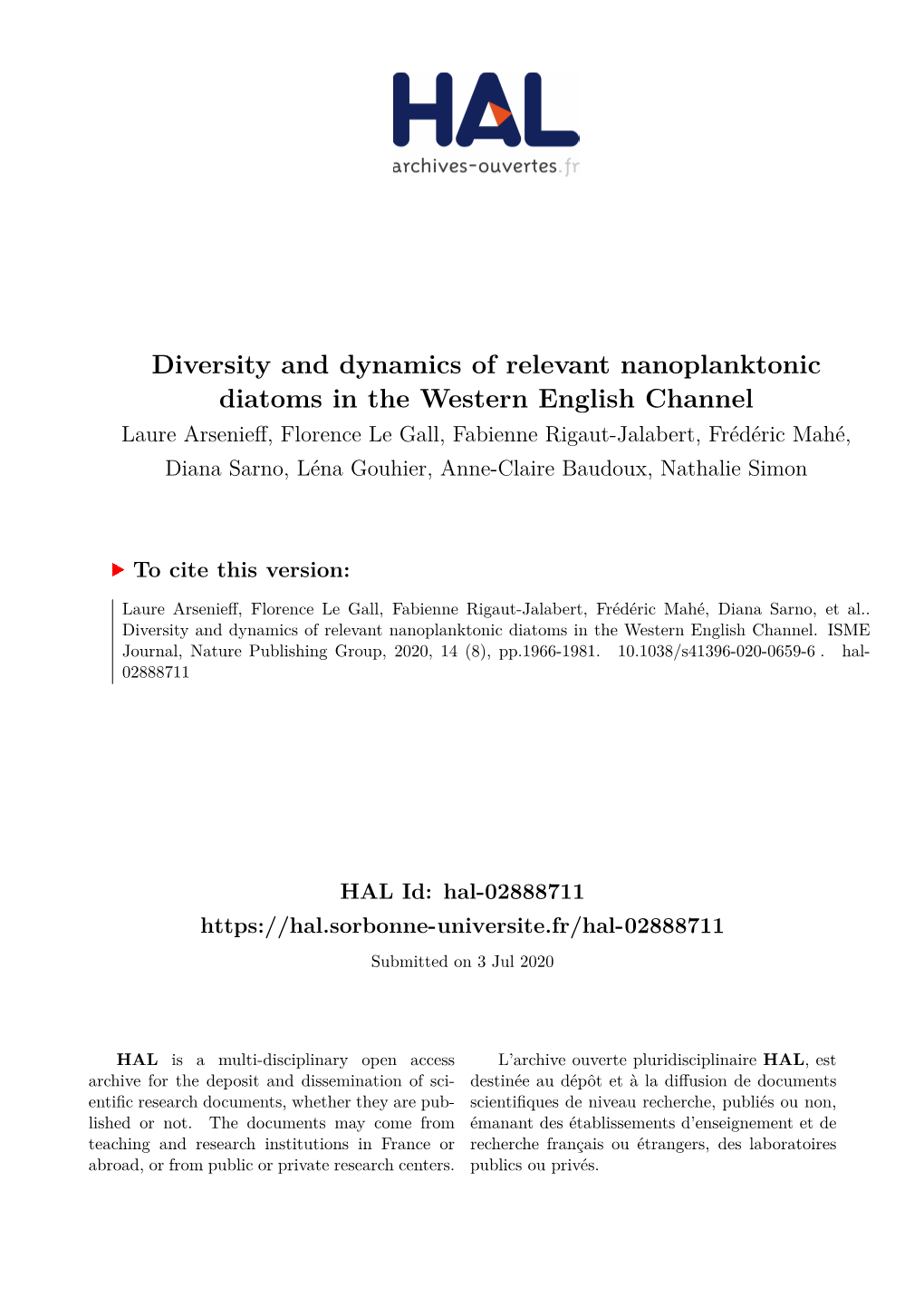 Diversity and Dynamics of Relevant Nanoplanktonic Diatoms in The