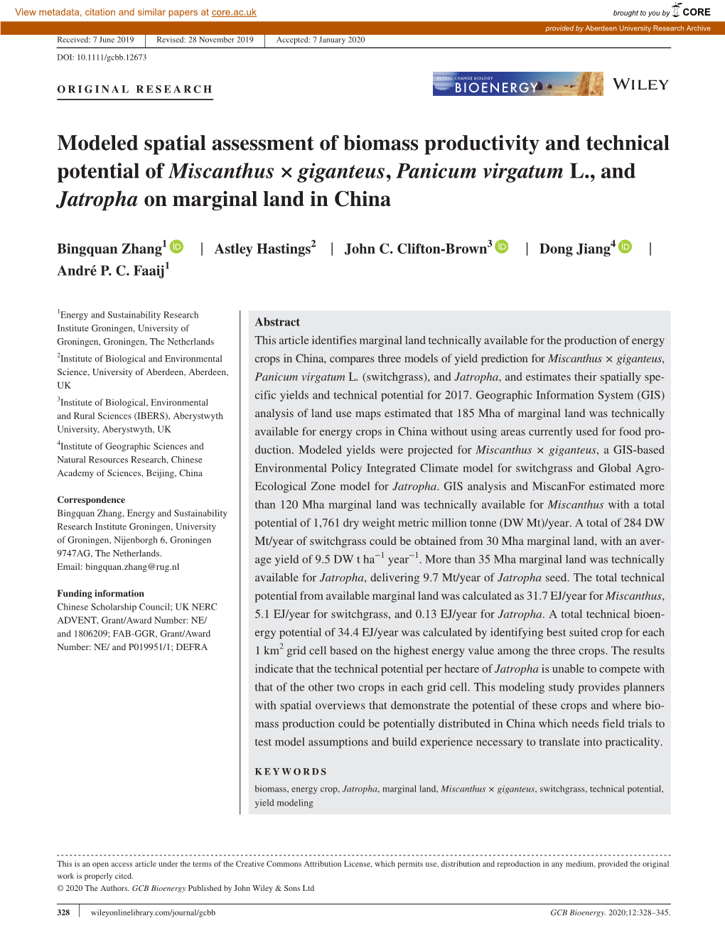 Modeled Spatial Assessment of Biomass Productivity and Technical Potential of Miscanthus × Giganteus, Panicum Virgatum L., and Jatropha on Marginal Land in China