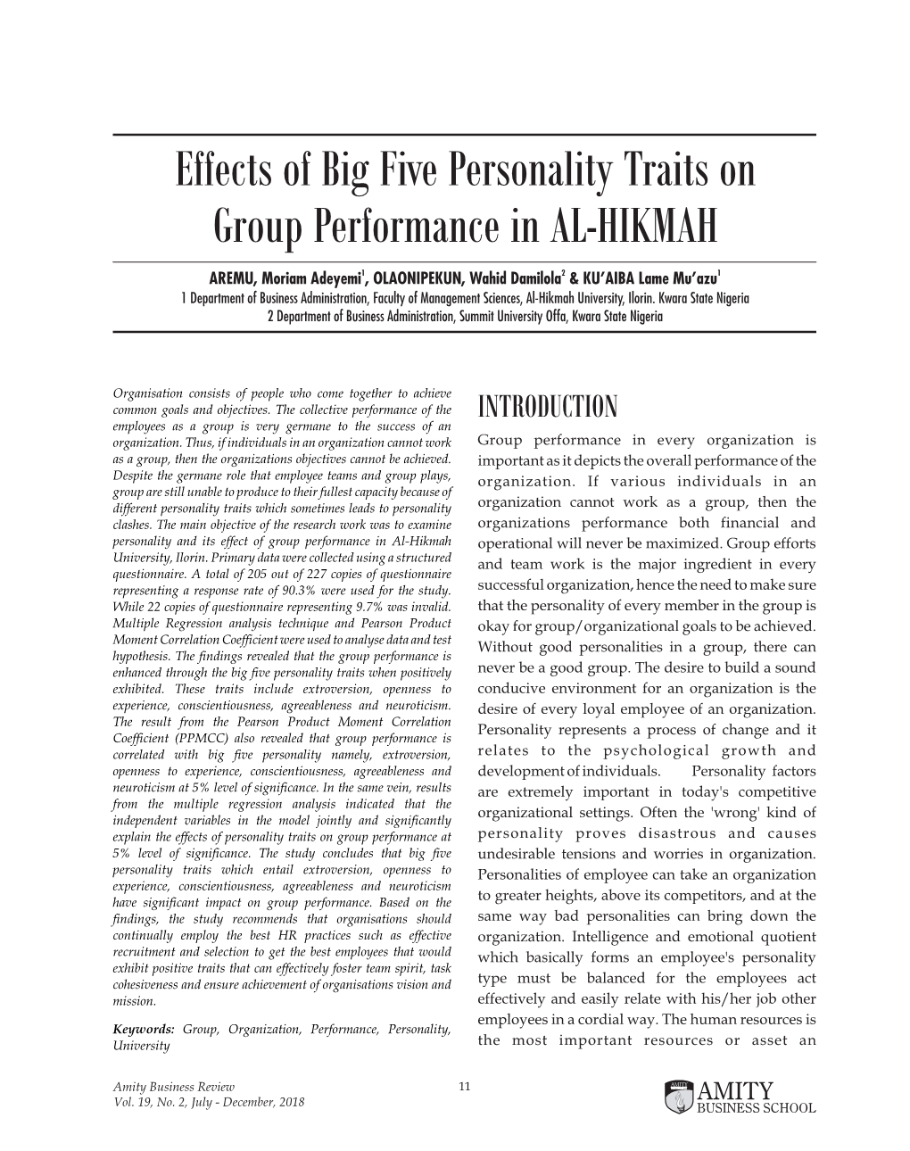 Effects of Big Five Personality Traits on Group Performance in AL-HIKMAH