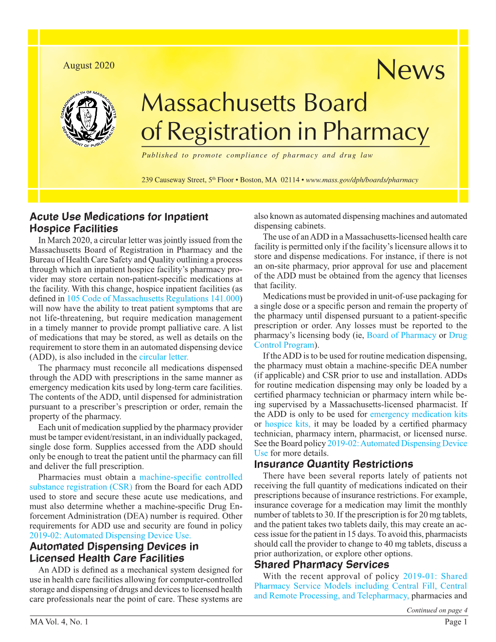 Massachusetts Board of Registration in Pharmacy Published to Promote Compliance of Pharmacy and Drug Law