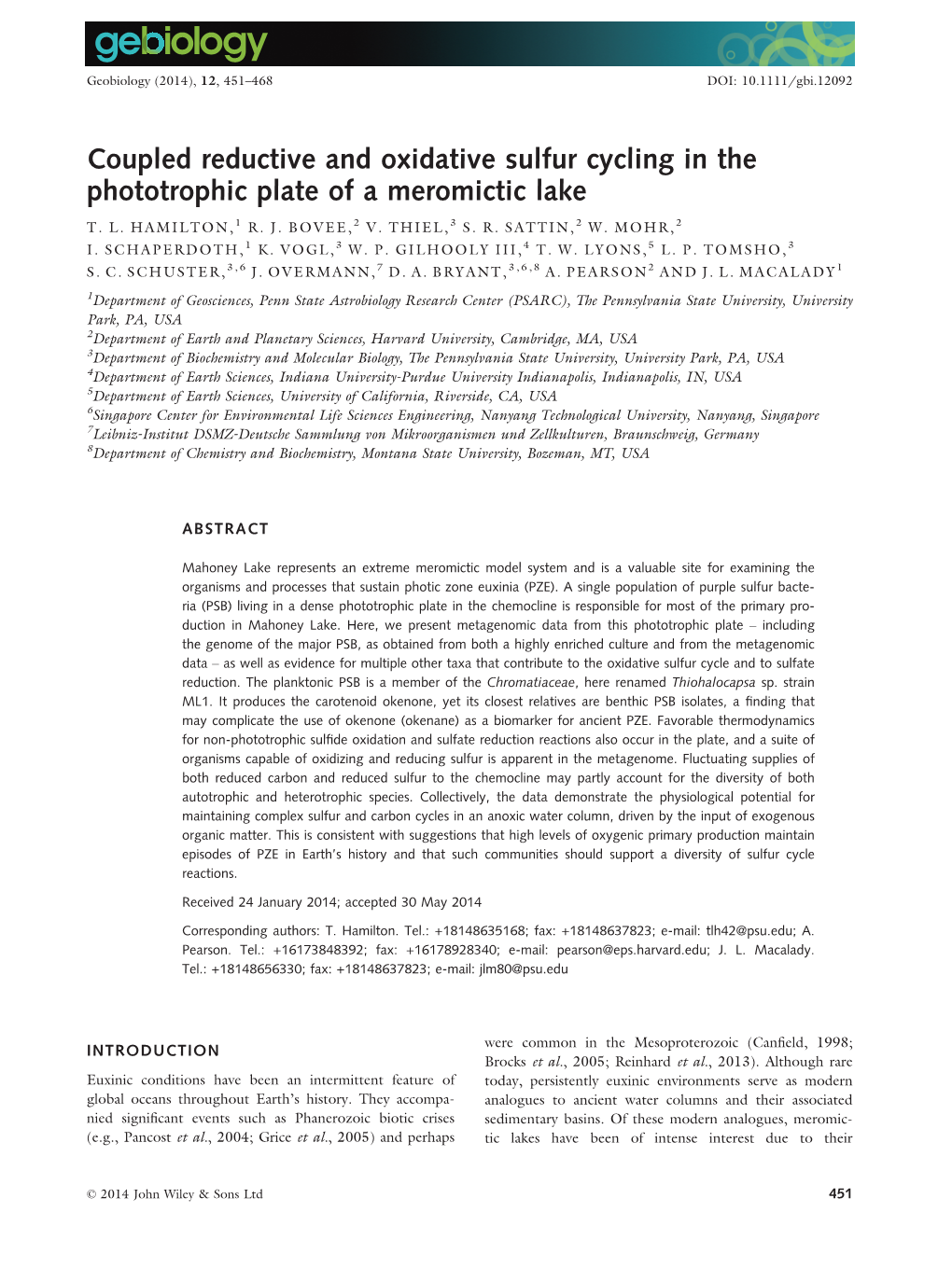 Coupled Reductive and Oxidative Sulfur Cycling in the Phototrophic Plate of a Meromictic Lake T