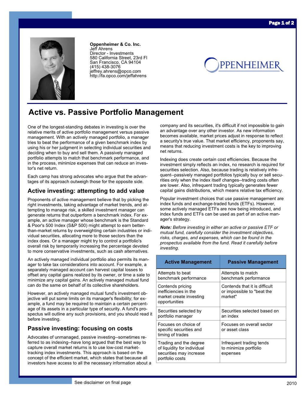 Active Vs. Passive Portfolio Management