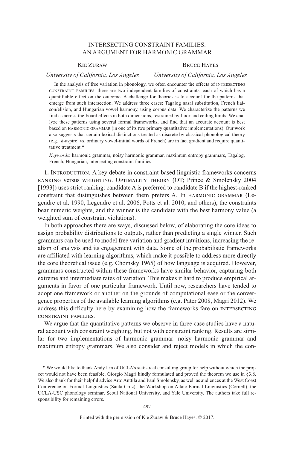 INTERSECTING CONSTRAINT FAMILIES: an ARGUMENT for HARMONIC GRAMMAR KIE Zuraw BRUCE HAYES University of California, Los Angeles U