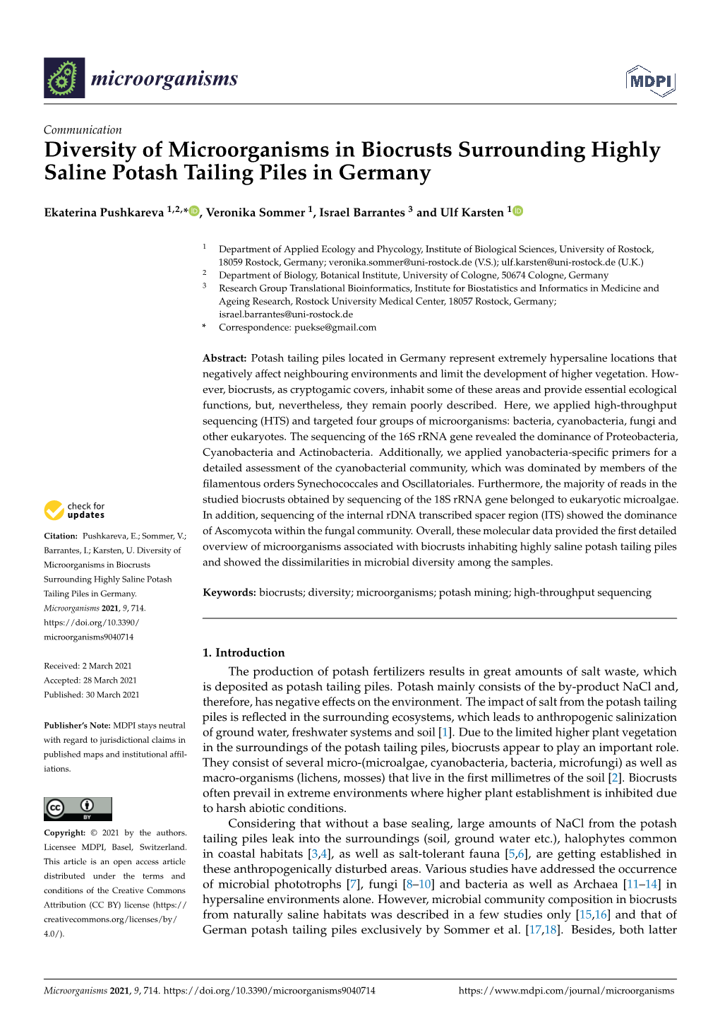 Diversity of Microorganisms in Biocrusts Surrounding Highly Saline Potash Tailing Piles in Germany