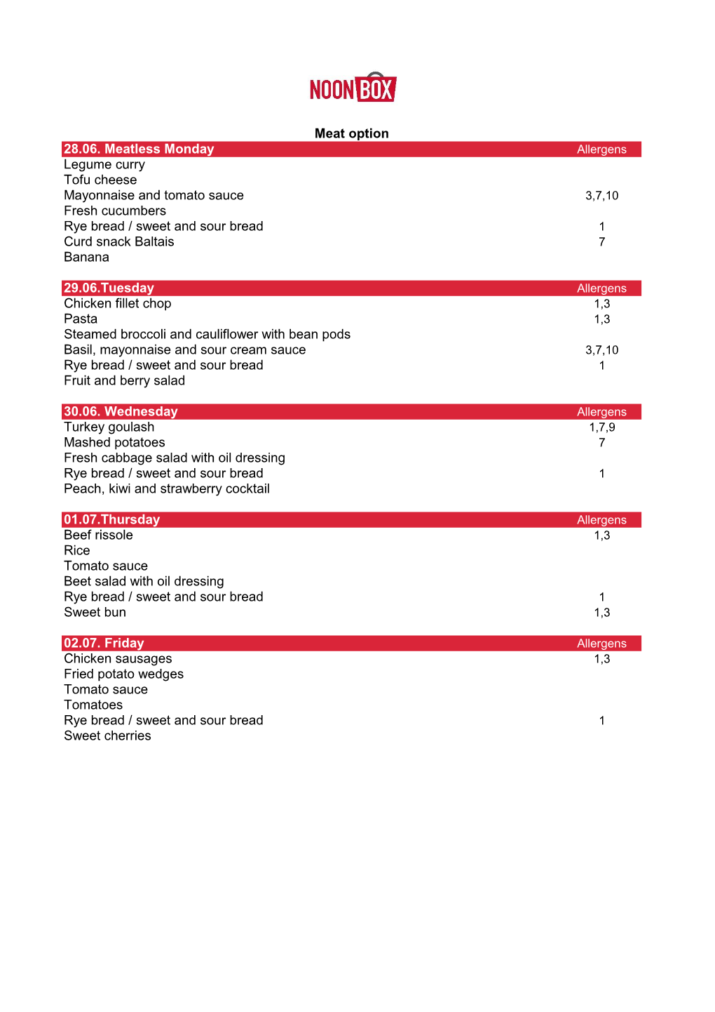 ISR Summer Camp Lunch Menu 28.06.-02.07