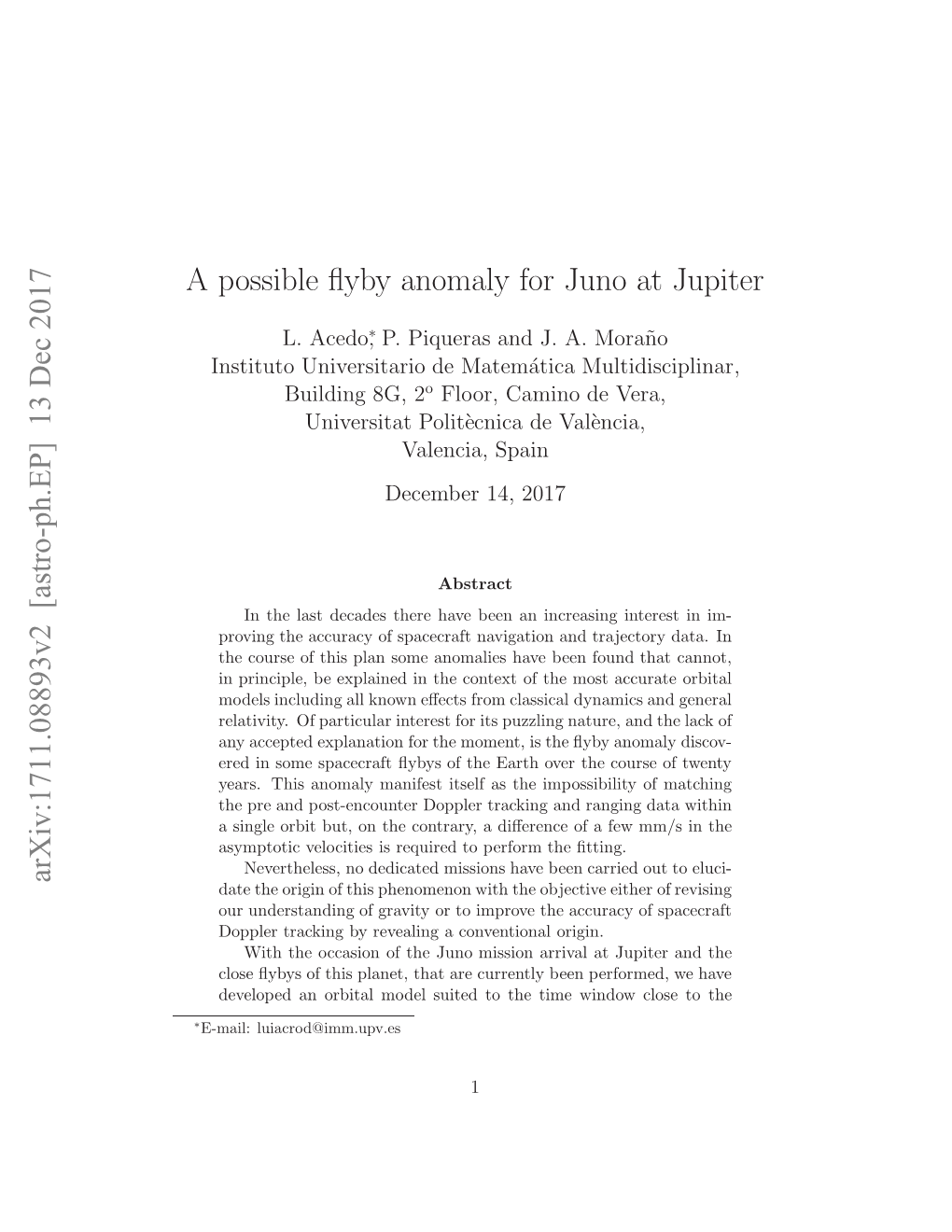 A Possible Flyby Anomaly for Juno at Jupiter