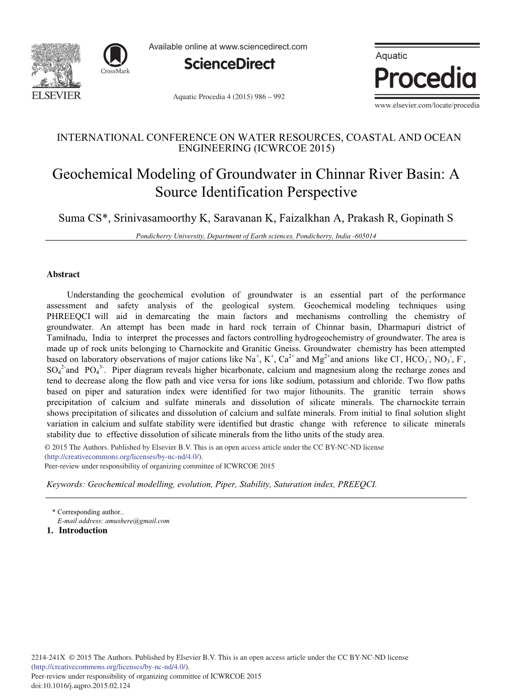 Geochemical Modeling of Groundwater in Chinnar River Basin: a Source Identification Perspective