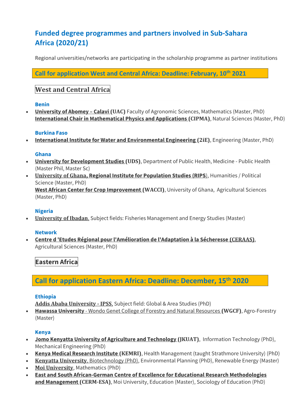 Funded Degree Programmes and Partners Involved in Sub-Sahara Africa (2020/21)