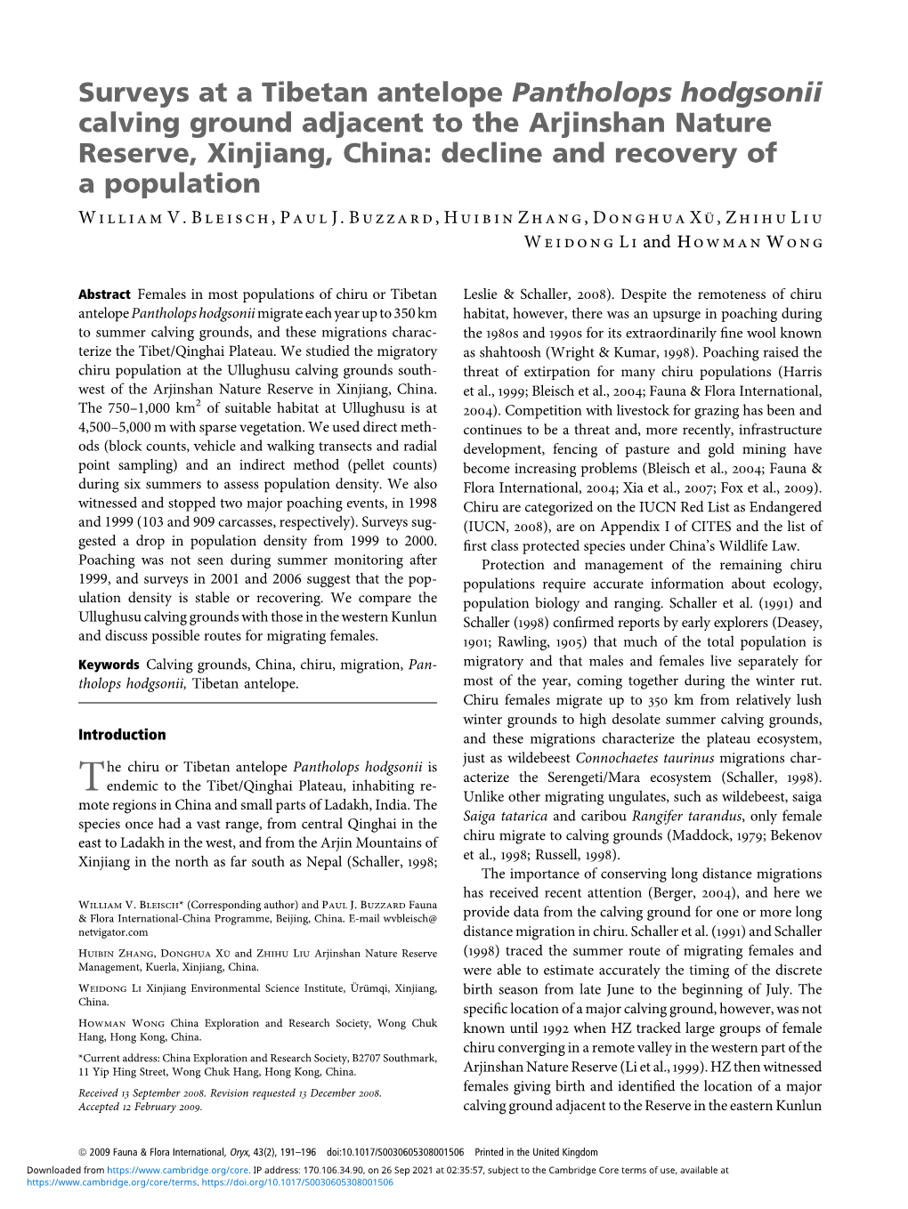 Surveys at a Tibetan Antelope Pantholops Hodgsonii Calving Ground Adjacent to the Arjinshan Nature Reserve, Xinjiang, China: Decline and Recovery of a Population