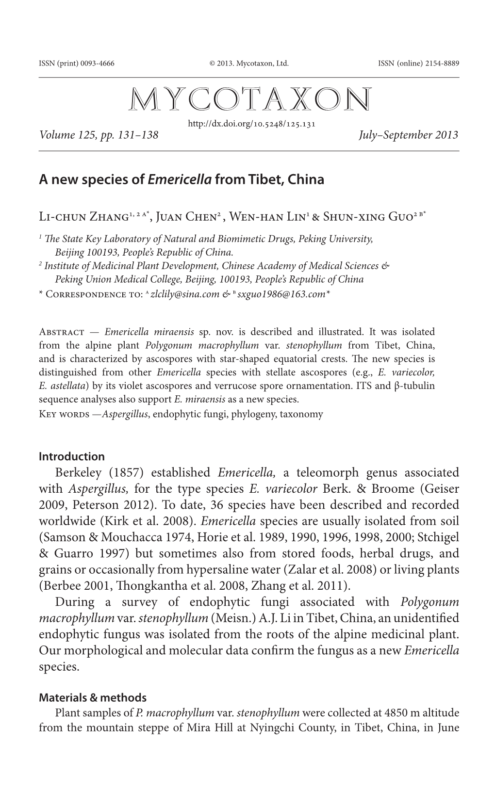 A New Species of <I>Emericella</I> from Tibet, China