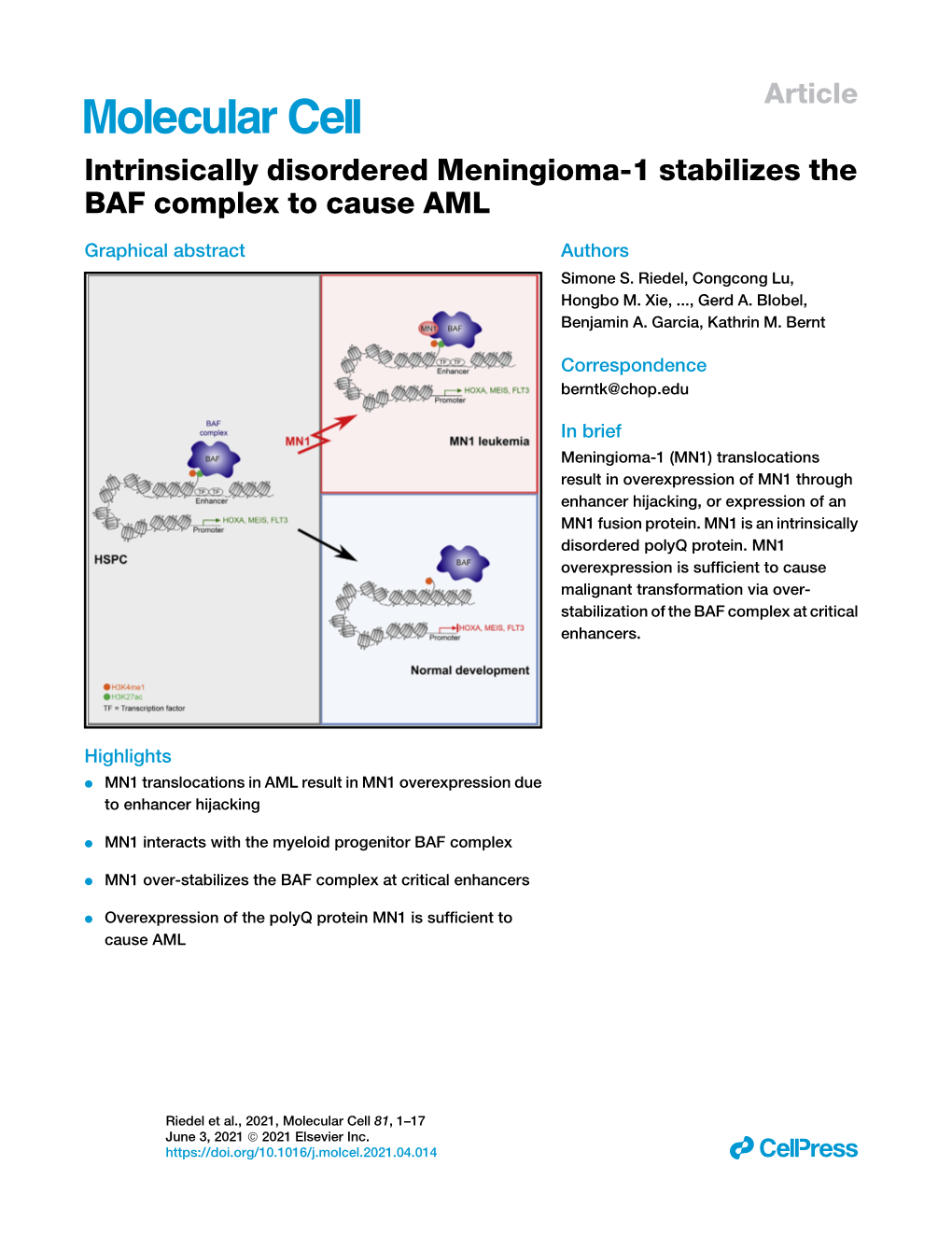 Intrinsically Disordered Meningioma-1 Stabilizes the BAF Complex to Cause AML