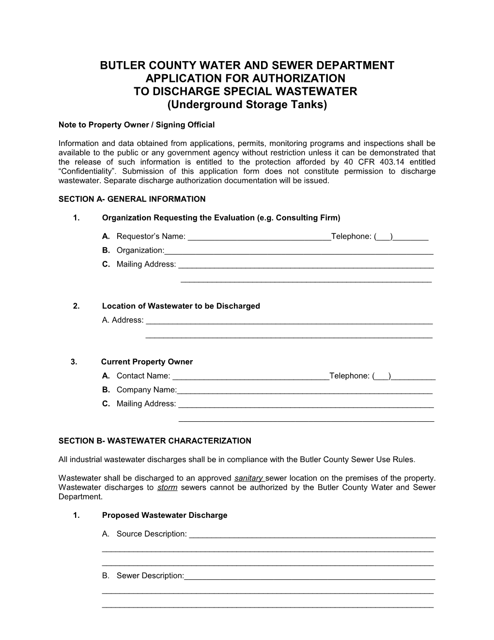 Application for Authorization to Discharge Special Wastewater