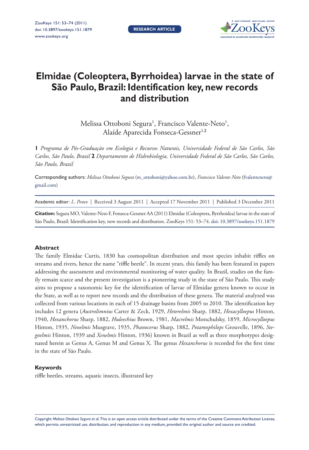 Elmidae (Coleoptera, Byrrhoidea) Larvae in the State of São Paulo, Brazil: Identification Key, New Records and Distribution