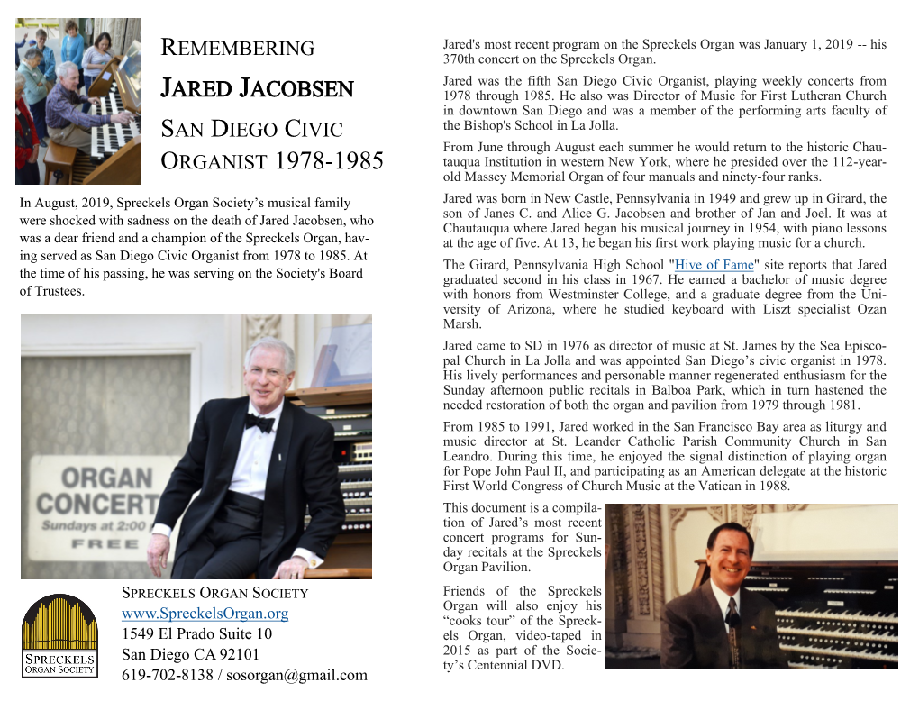 Jared Jacobsen, San Diego Civic Organist 1978-1985 the GREAT