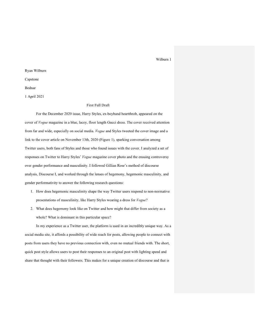 Wilburn 1 Ryan Wilburn Capstone Bednar 1 April 2021 First Full Draft