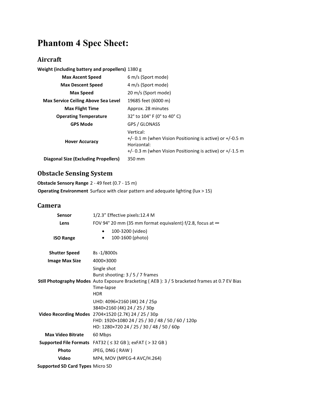 Phantom 4 Spec Sheet