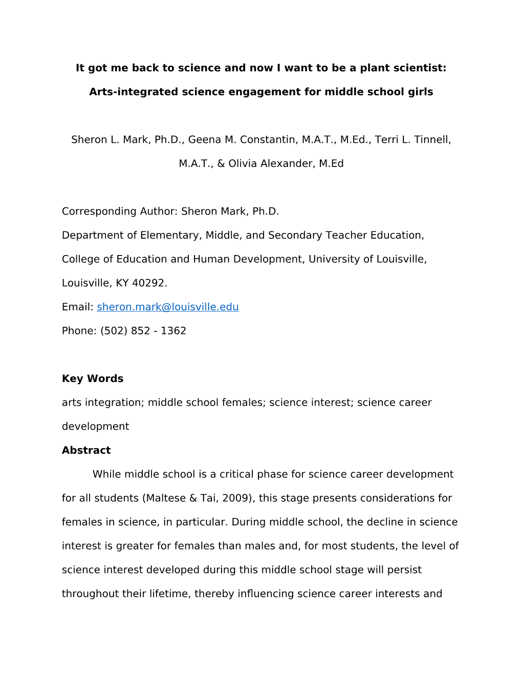 Arts-Integrated Science Engagement for Middle School Girls