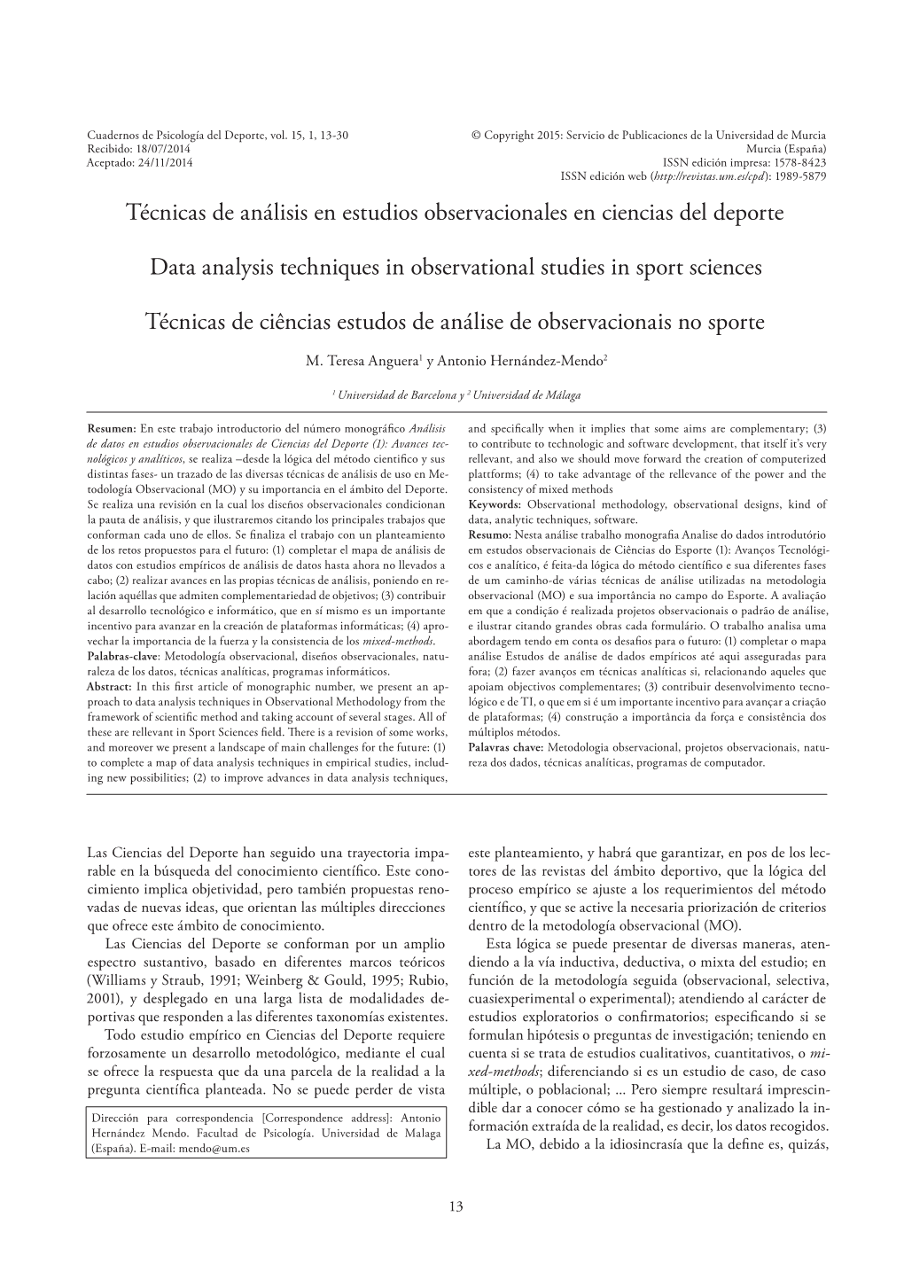 Técnicas De Análisis En Estudios Observacionales En Ciencias Del Deporte