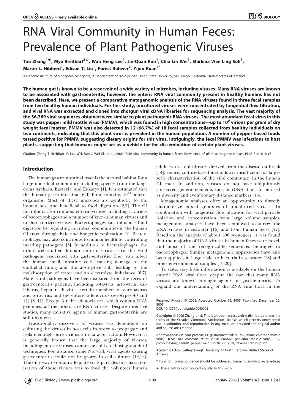 RNA Viral Community in Human Feces: Prevalence of Plant Pathogenic Viruses