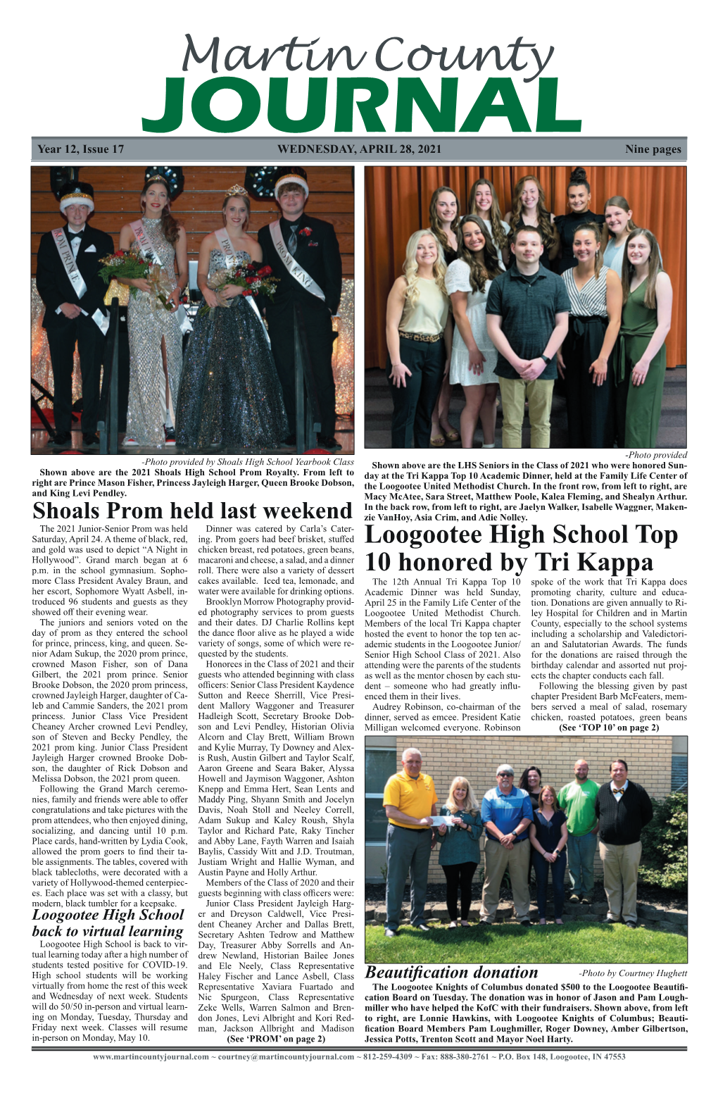 Martin County JOURNAL Year 12, Issue 17 WEDNESDAY, APRIL 28, 2021 Nine Pages