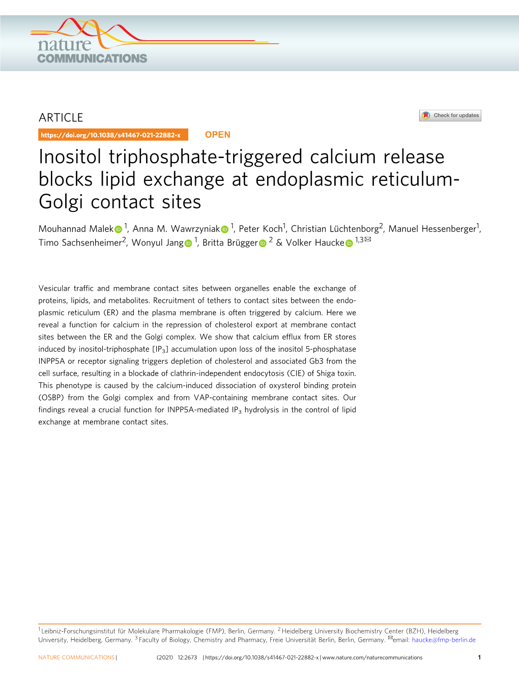 Inositol Triphosphate-Triggered Calcium Release Blocks Lipid Exchange at Endoplasmic Reticulum- Golgi Contact Sites